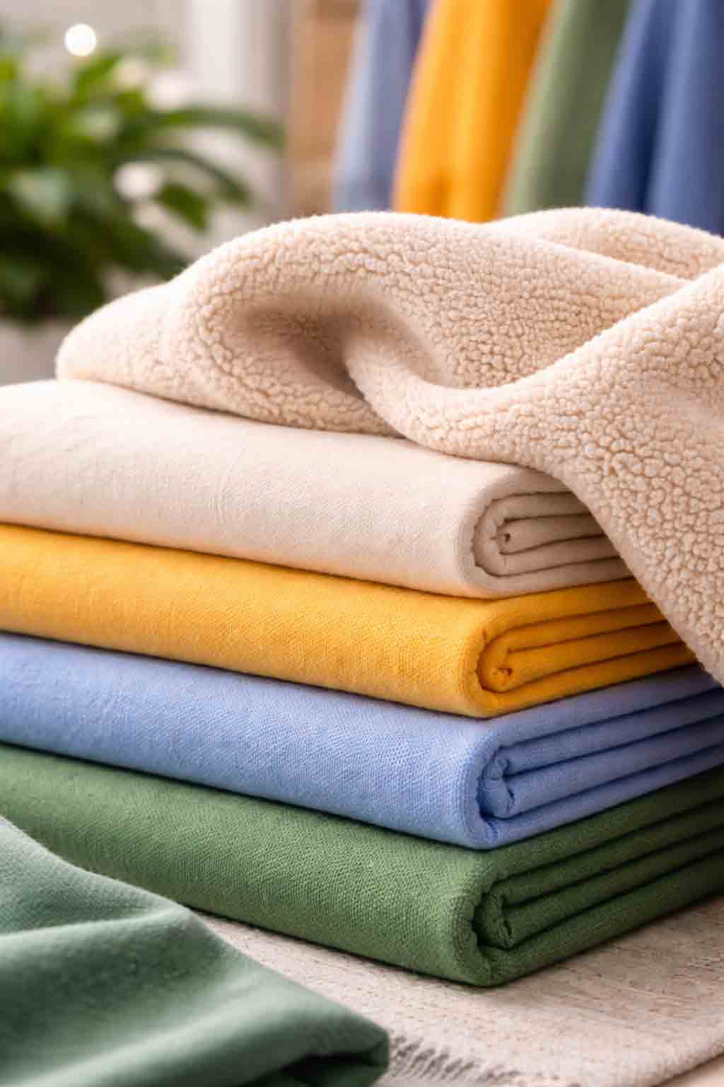 Close-up van verschillende stoffen zoals katoen en fleece in opvallende kleuren zoals geel, groen en blauw