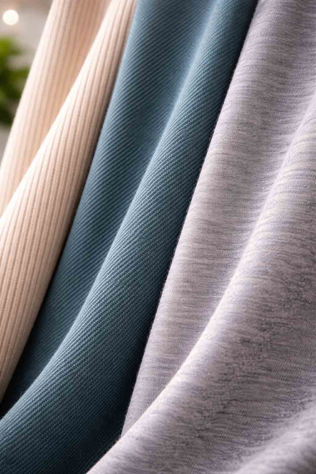 Close-up van verschillende stofstructuren zoals rib, twill en jersey met duidelijke textuur en contrast