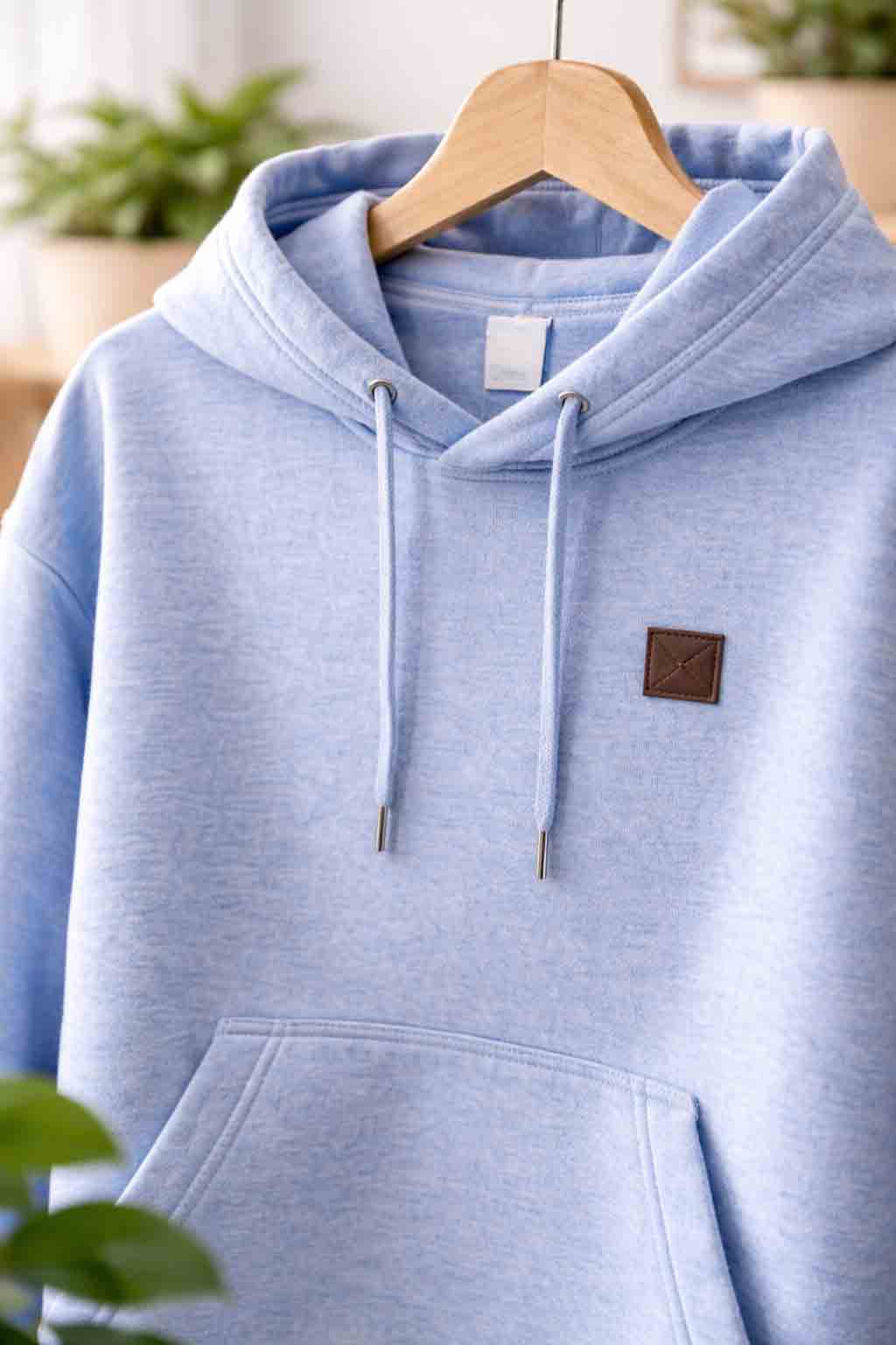 Close-up hoodie merchandise met subtiele branding en premium stoftextuur