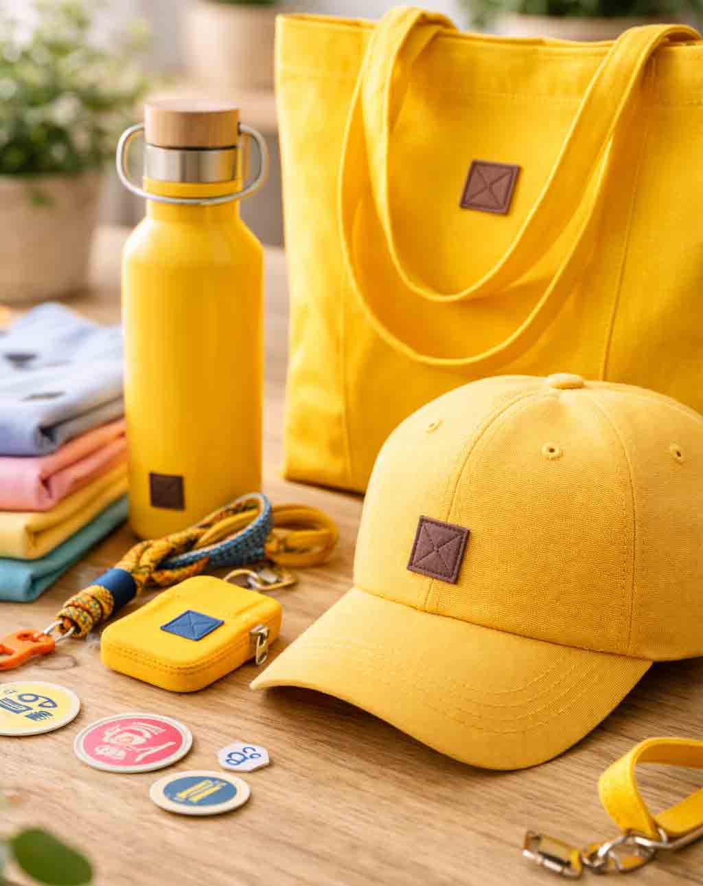 Close-up merchandise bundel met accessoires zoals cap, tote bag en fles met branding
