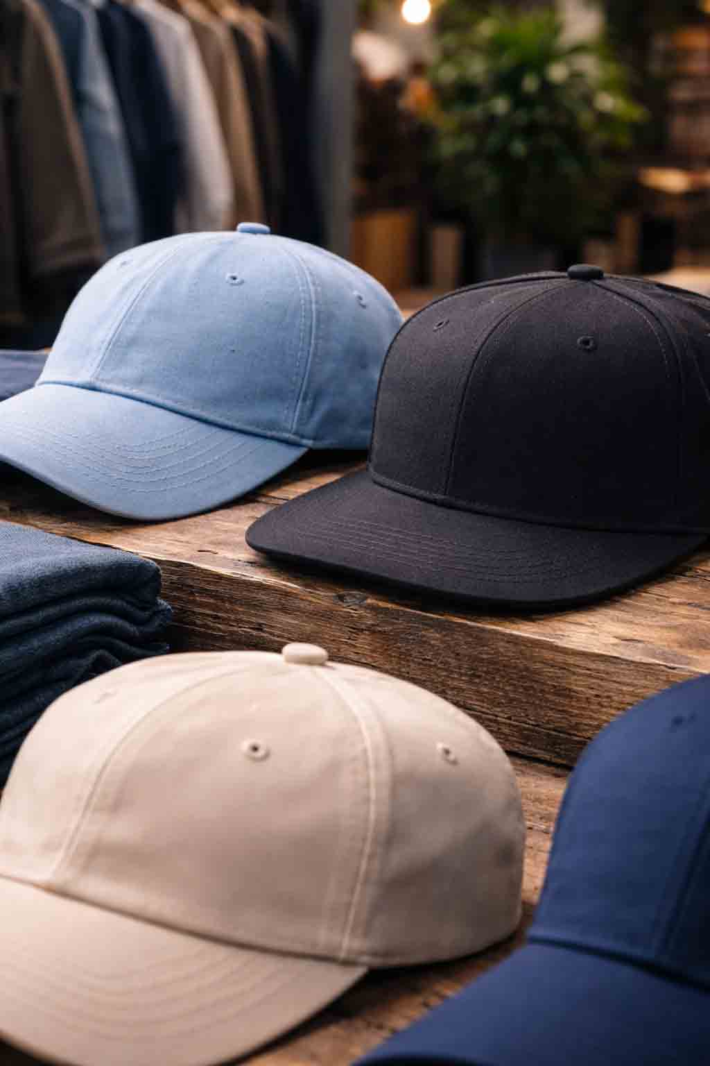 Close-up van verschillende capvormen zoals dad cap en snapback met focus op klep en pasvorm in streetwear setting