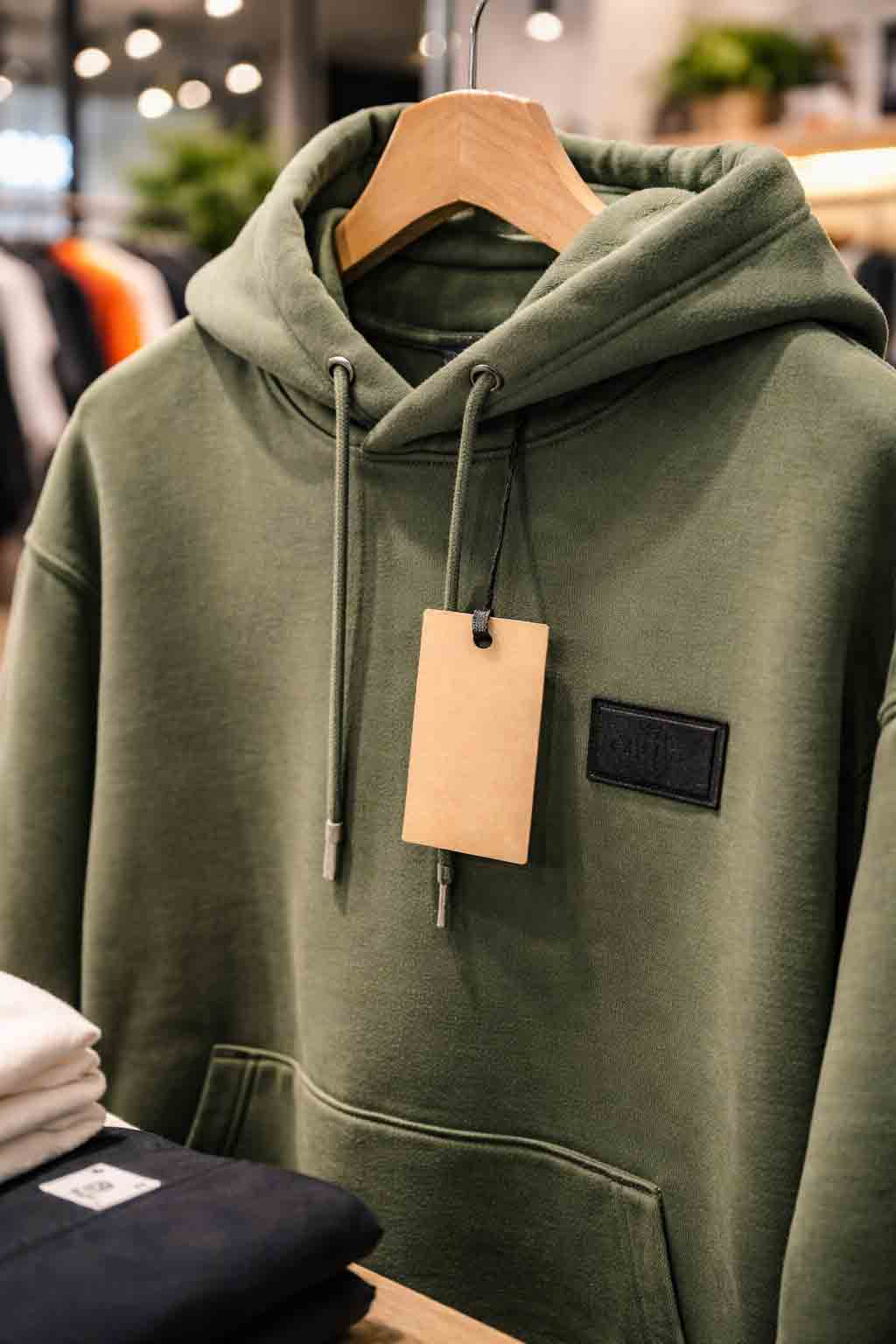 Close-up streetwear hoodie met brandingdetail en premium stoftextuur in winkelsetting