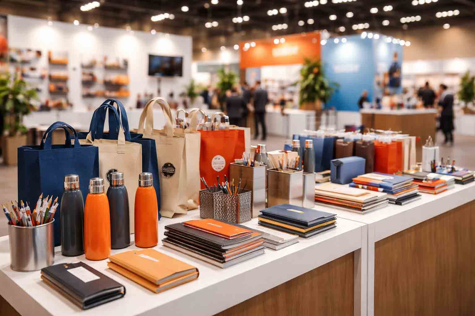 Promo producten op een beursstand: tassen, pennen en gadgets netjes uitgestald