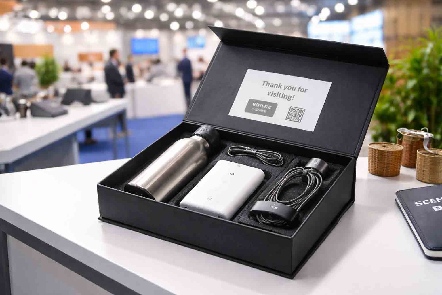 Premium giveaway zoals een thermosfles en powerbank op een nette display
