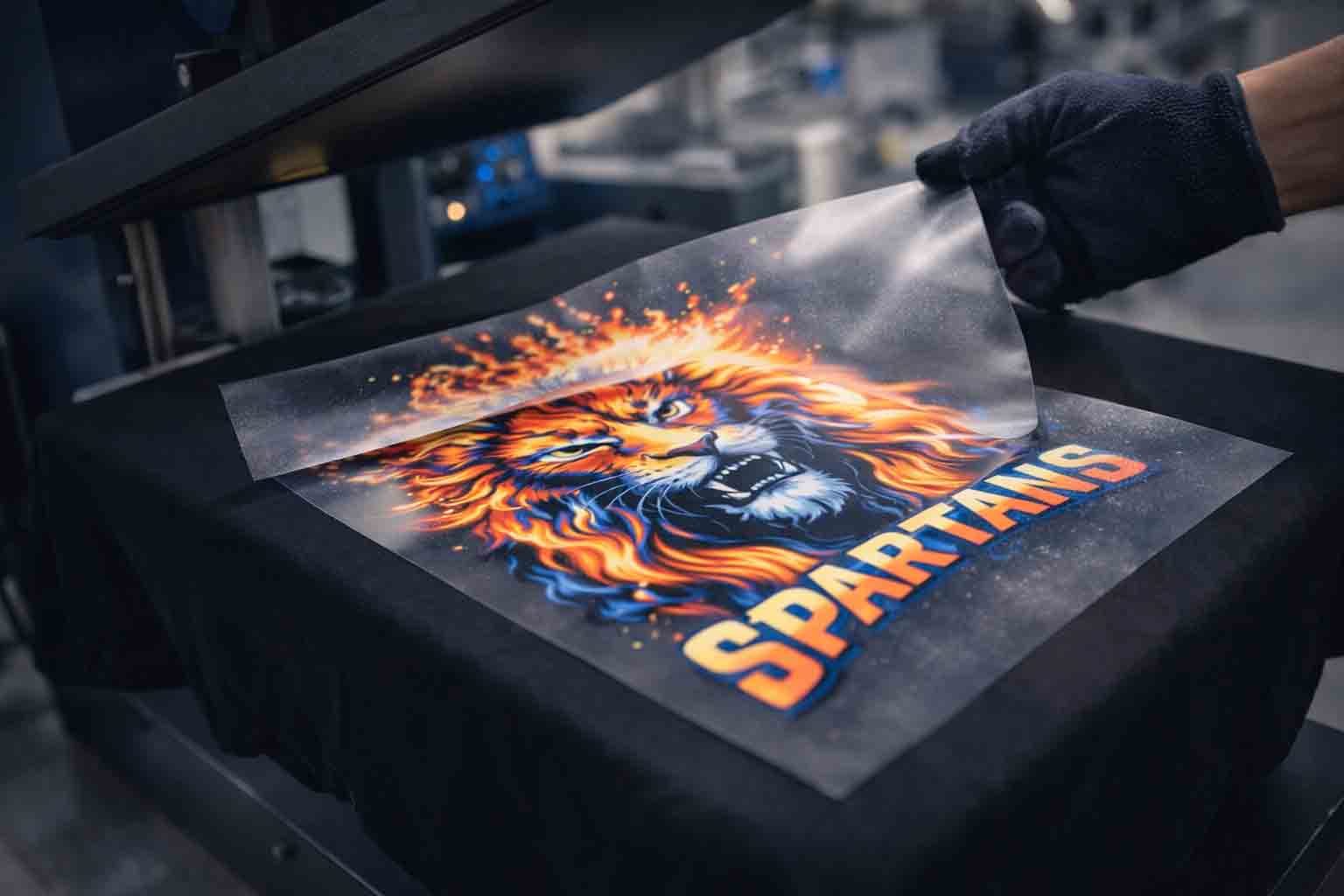 DTF-transfer op film met hittepers op donker textiel