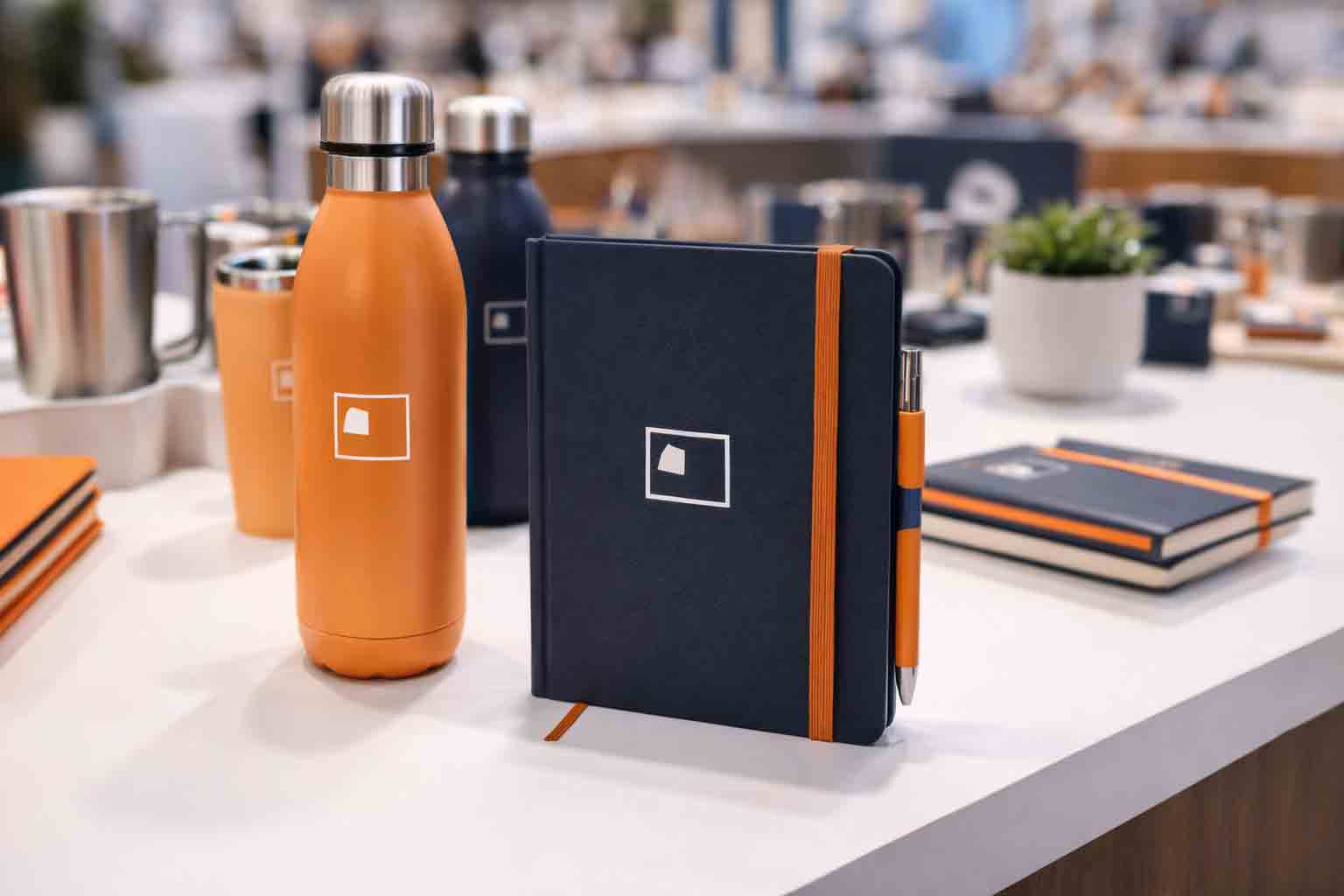 Close-up van een bedrukte drinkfles en notitieboek op een beursbalie