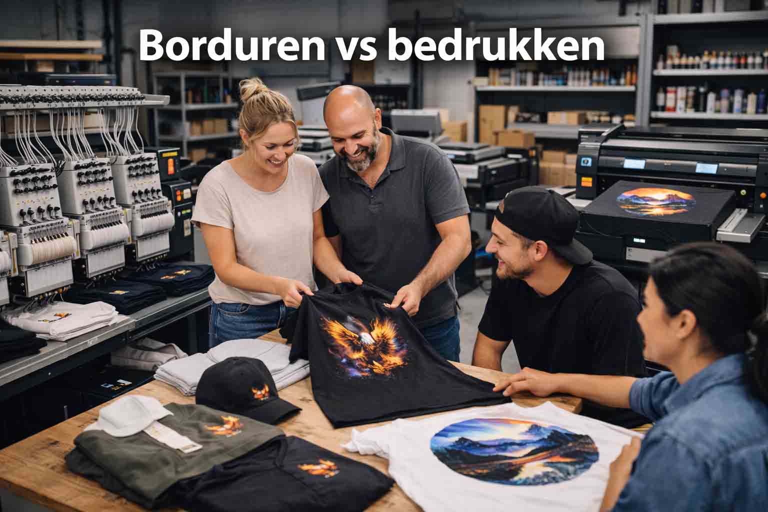 Technische textielproductie omgeving met borduur- en printstations