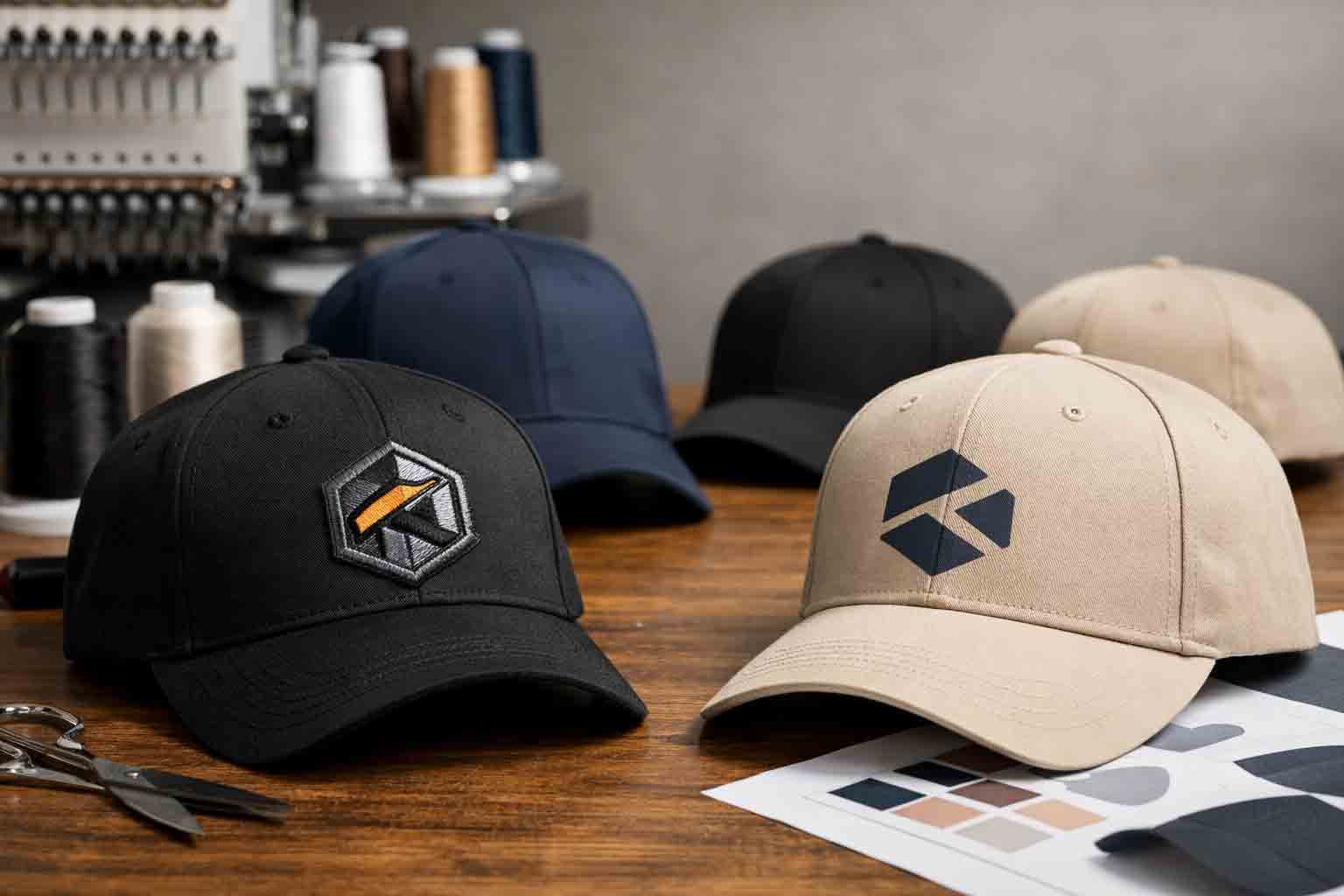 Custom caps voor bedrijven met bedrukking en borduring naast elkaar