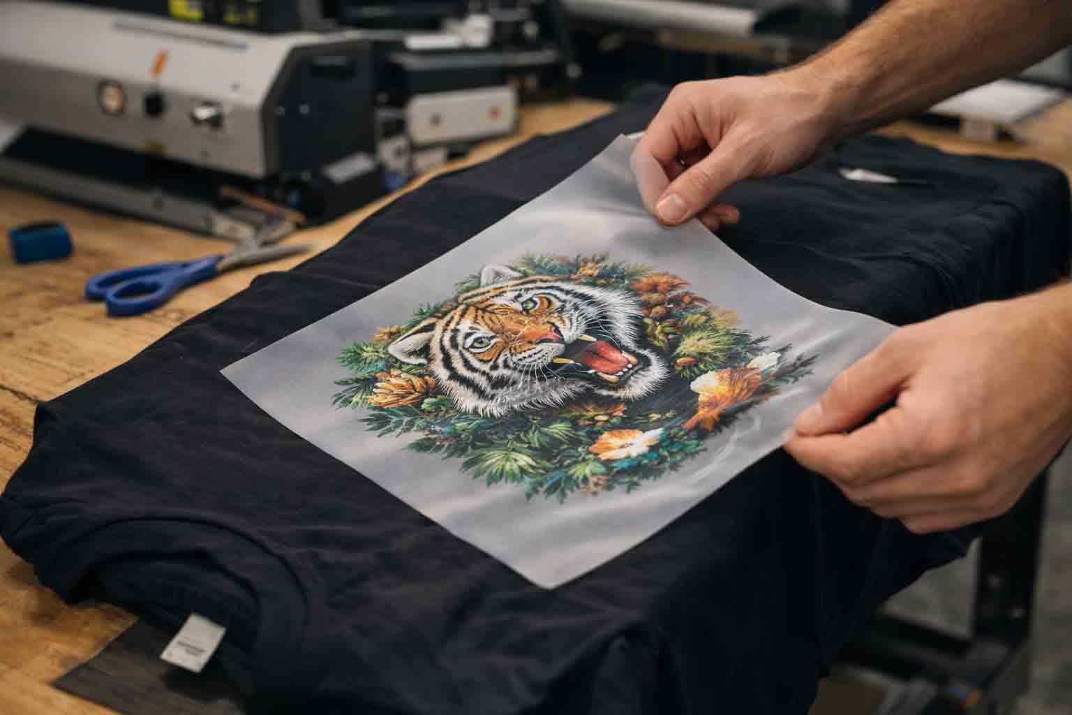 Close-up van DTF film en printoverdracht in werkplaats