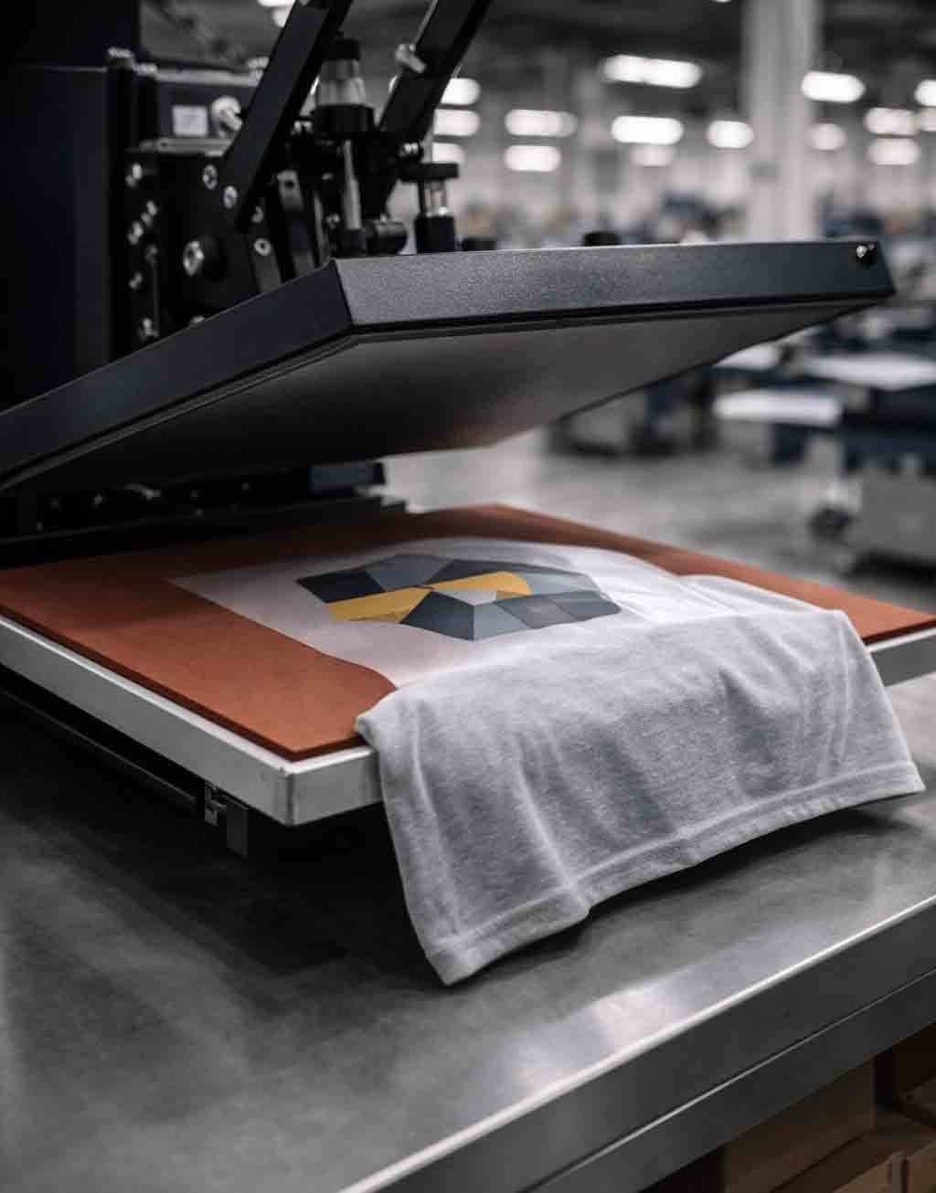 Close-up DTF-transfer bij heatpress op textiel met centrale focus en rustige achtergrond