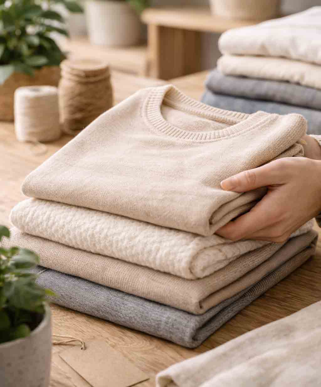 duurzame-kleding-opgestapeld-op-een-tafel