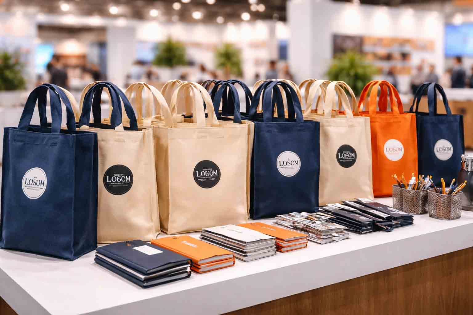 Bezoekers ontvangen een goodiebag bij een beursbalie