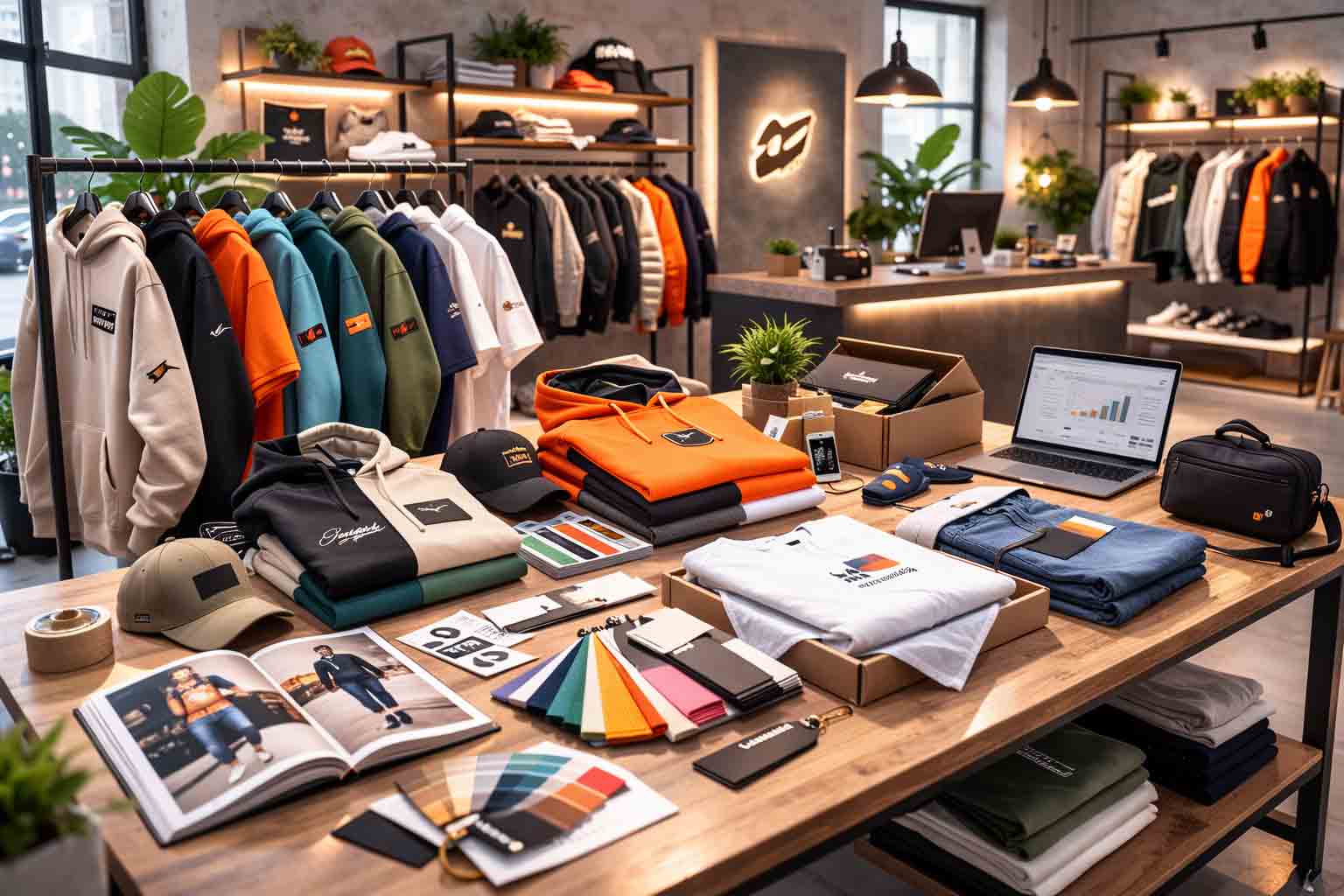 Streetwear collectie in moderne winkel met subtiele branding, rekken en gevouwen hoodies en T-shirts