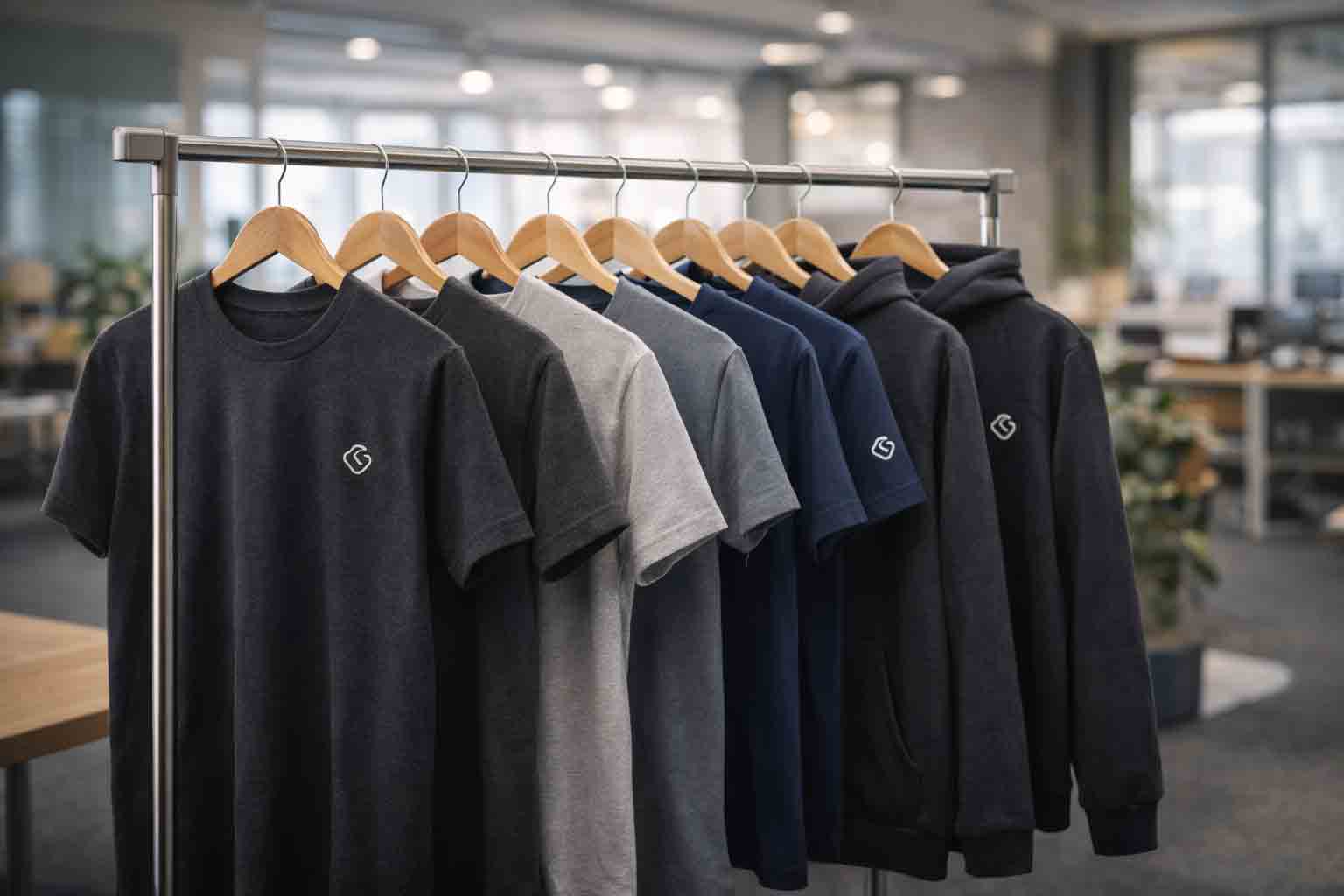 Branded kleding op display: T-shirts en hoodies op een rek met subtiel logo