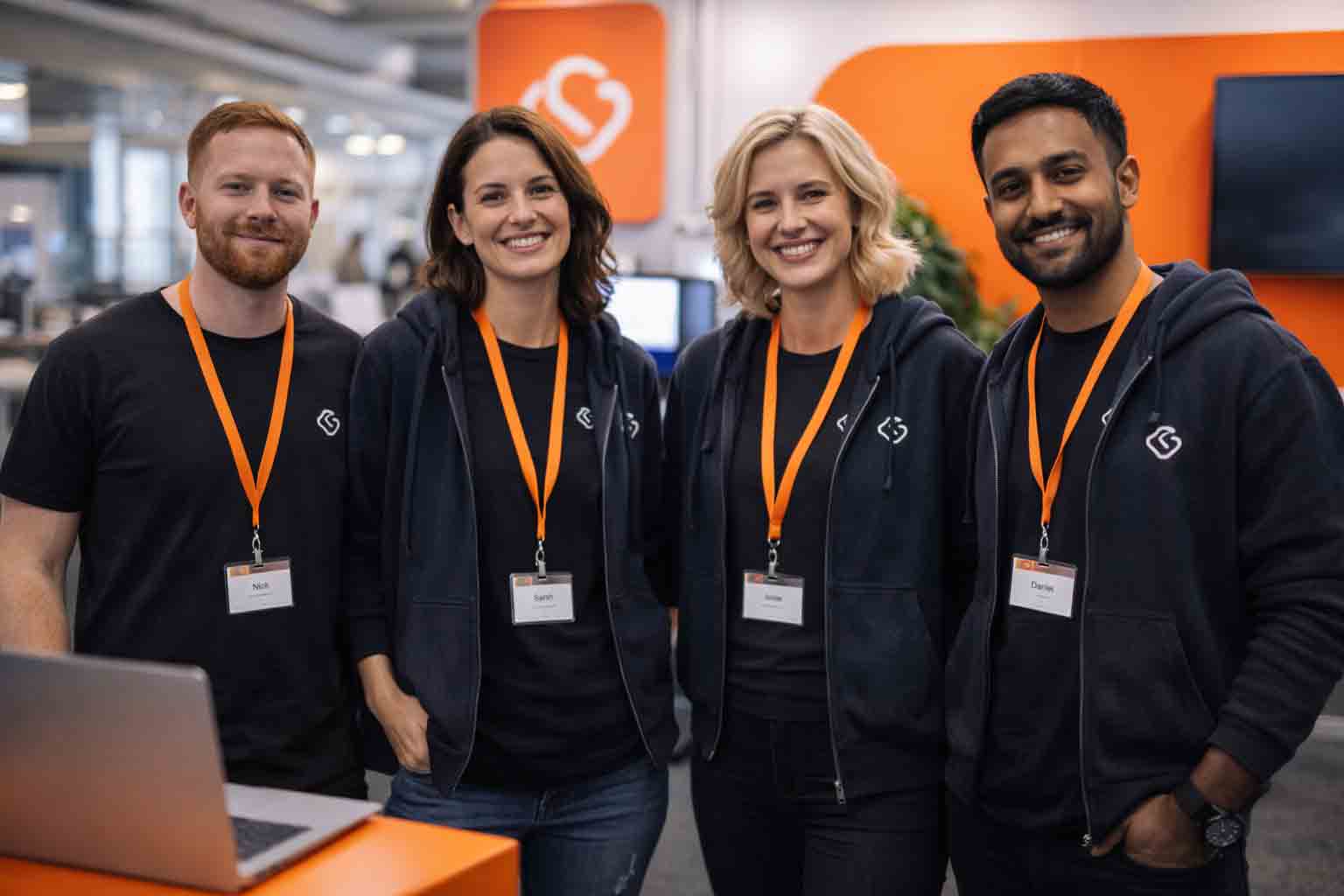 B2B event-team in branded T-shirts en hoodies bij een beursstand