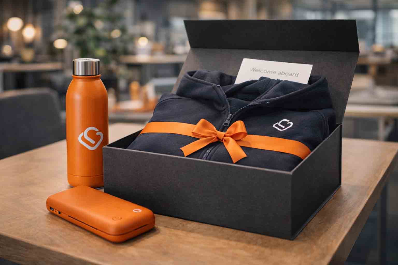 Premium branded merchandise op display: softshell of hoodie met thermos en powerbank