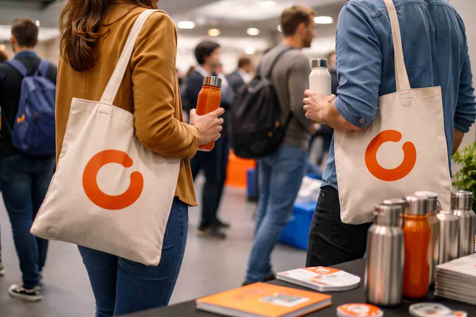 Bezoekers op een event met tote bags en waterflessen