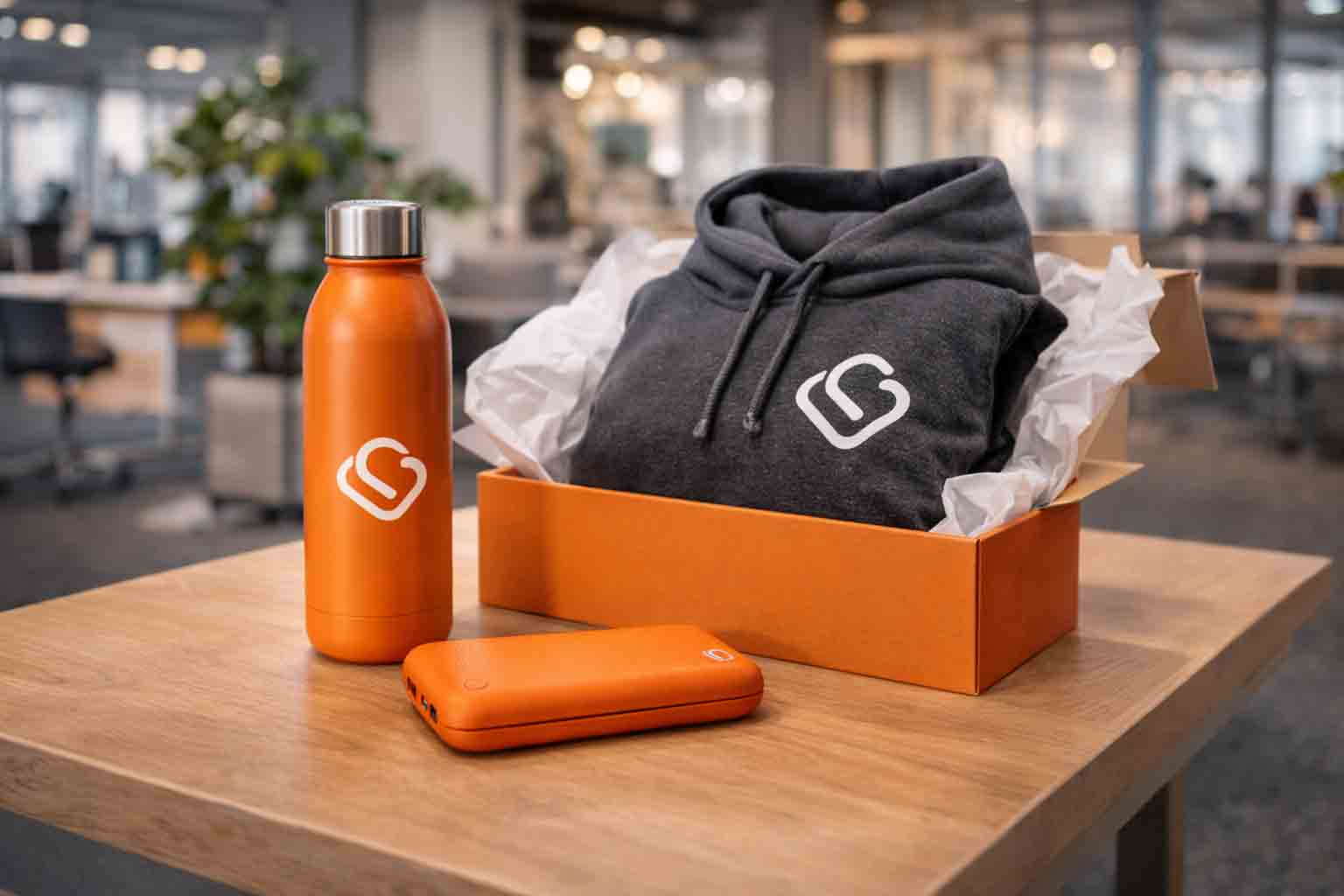 Premium branded merchandise op display: thermosfles, hoodie en powerbank