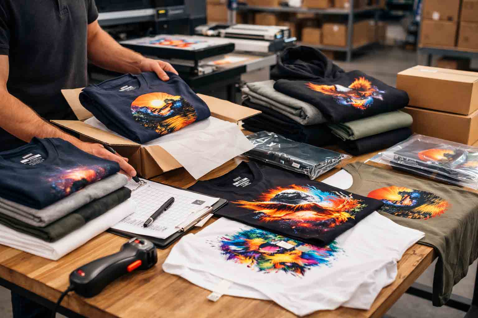 Fulfilment kwaliteitscontrole van bedrukte kleding in magazijn