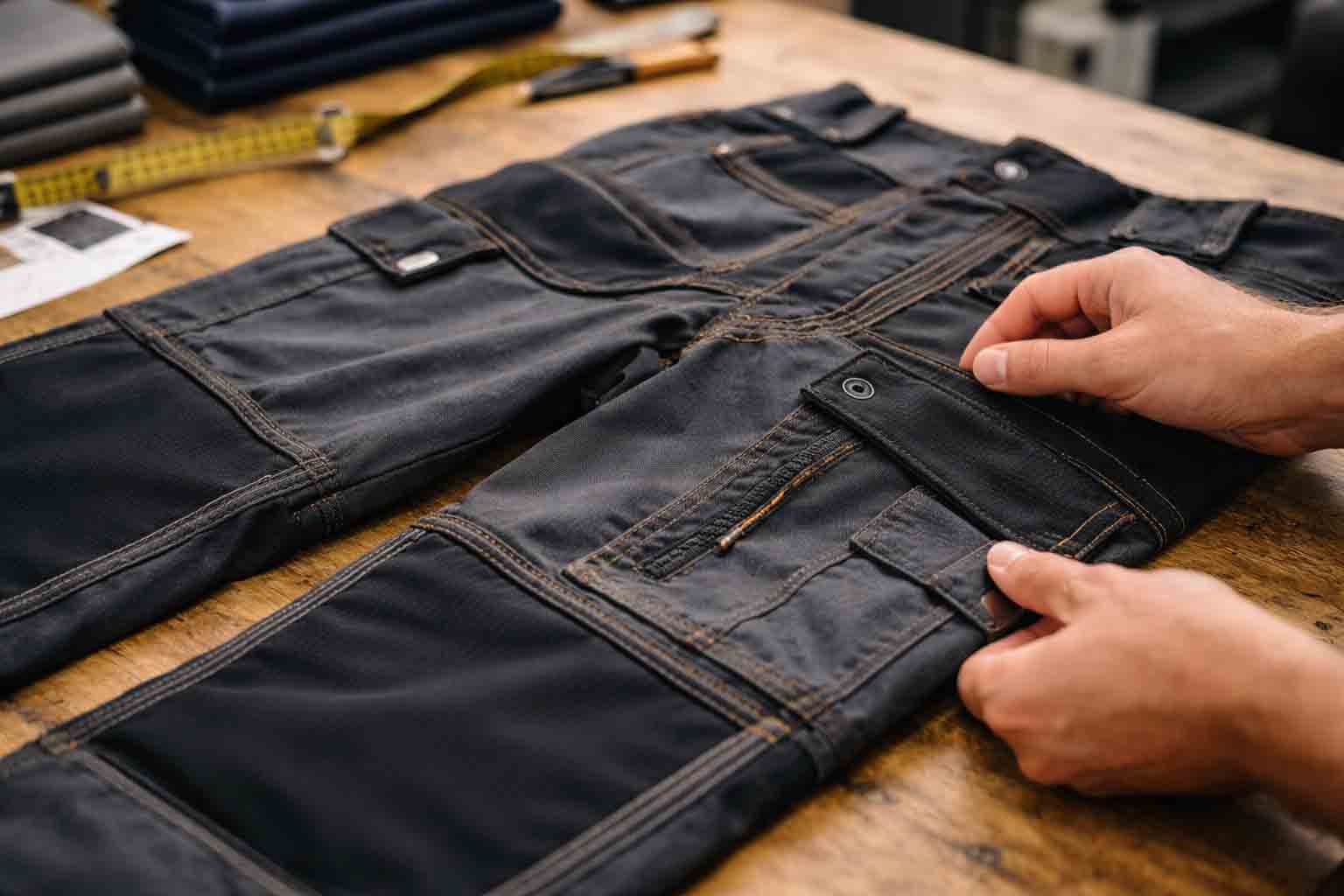 Close-up van stevige stof, naden en stiksels bij werkkleding