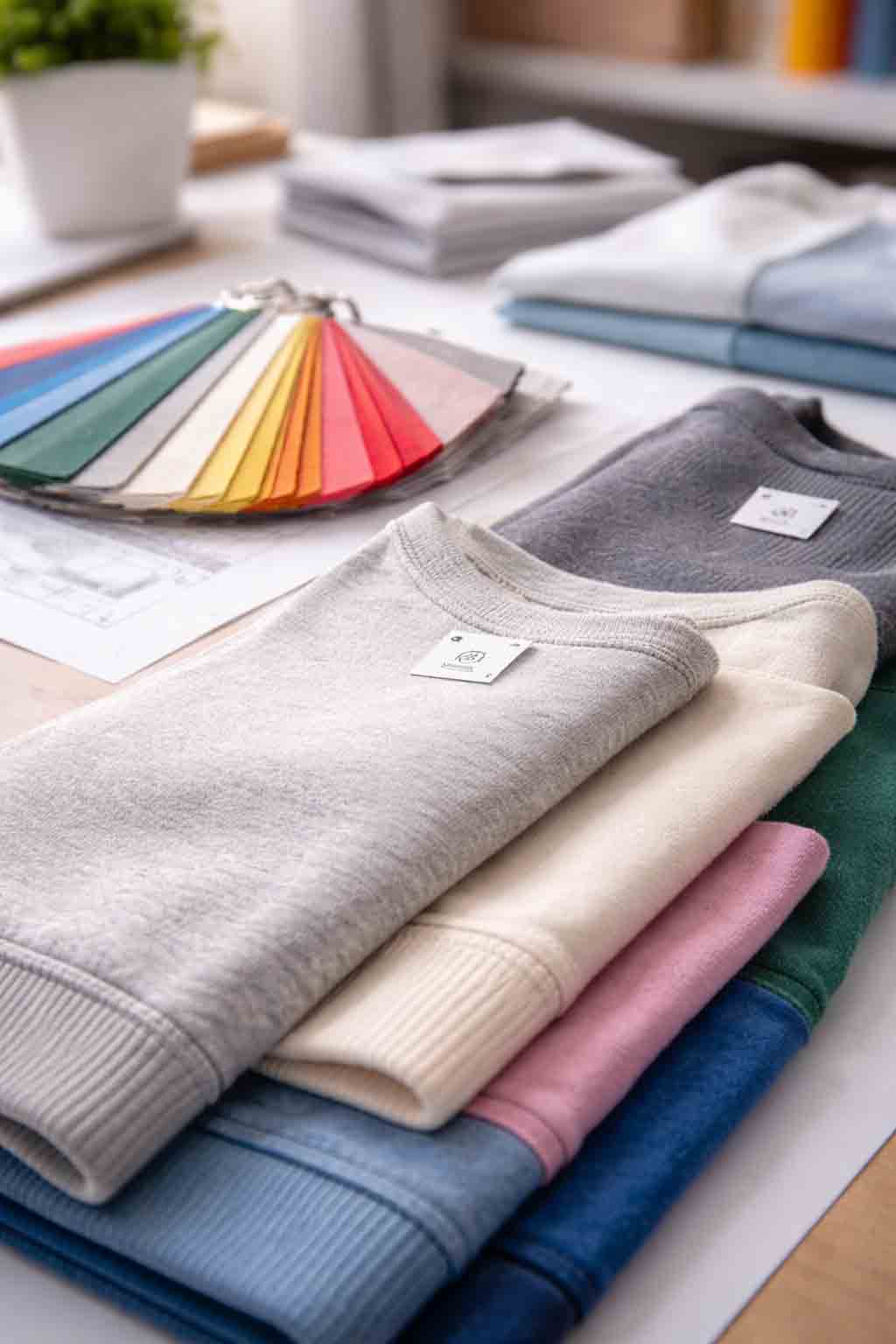 Close-up kleurstalen en stofsamples voor een eigen kledinglijn met centrale focus en premium textuur