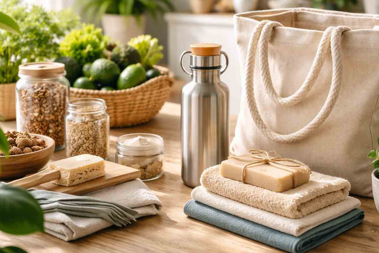 Heldere hero-afbeelding van duurzame keuzes met groen, licht en moderne lifestyle setting