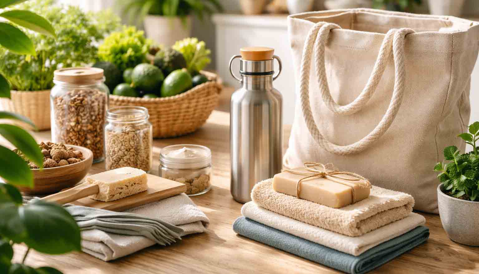 Heldere hero-afbeelding van duurzame keuzes met groen, licht en moderne lifestyle setting