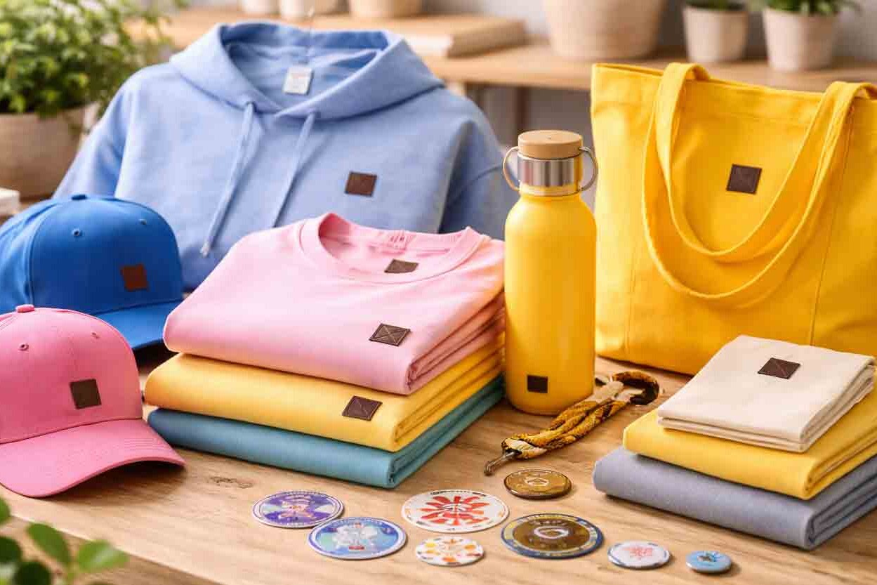 branded merchandise items zoals hoodies, caps en tote bags in moderne setting