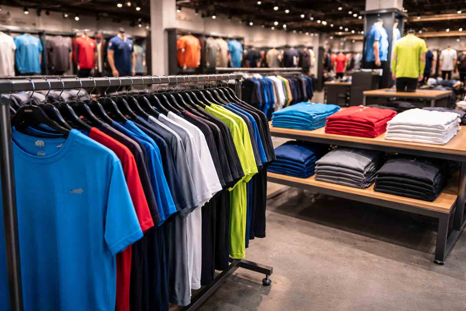 textielproductie met synthetische kleding op rekken