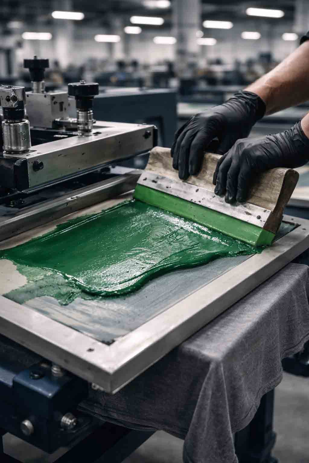 Close-up zeefdruk met rakel en watergedragen inkt op textiel in productieomgeving