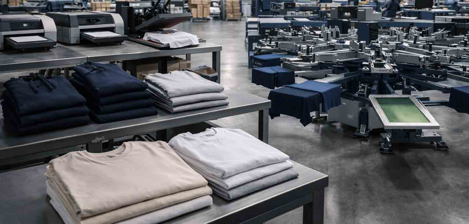 Industriële textieldrukkerij met T-shirts en hoodies op productielijn voor bedrukking