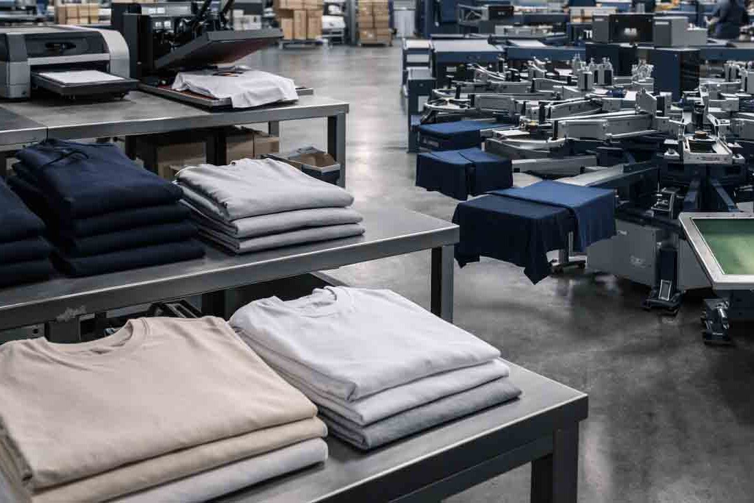 Industriële textieldrukkerij met T-shirts en hoodies op productielijn voor bedrukking