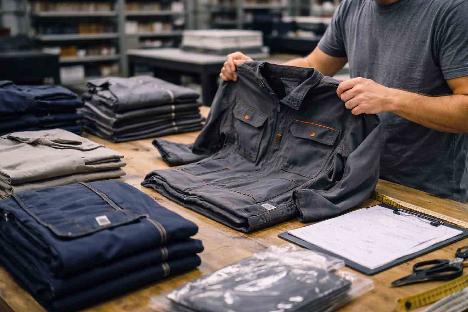 Kwaliteitscontrole en afwerking van werkkleding vóór levering