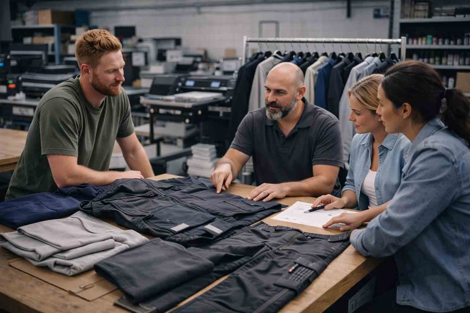 B2B team bekijkt duurzame werkkleding-samples in productieomgeving