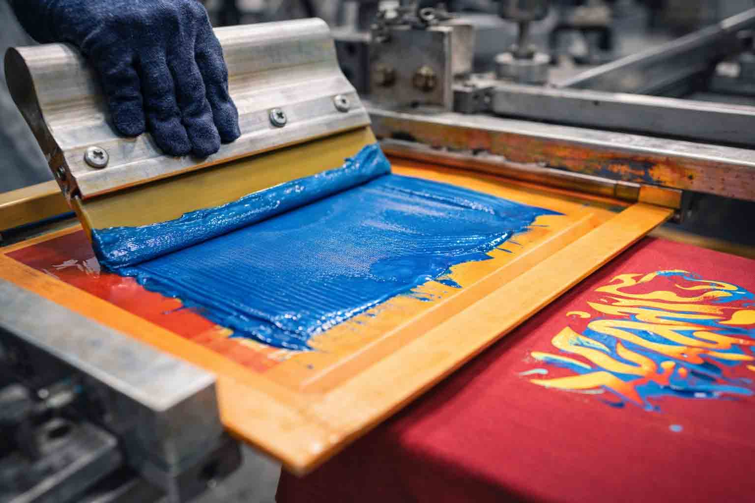 Zeefdruk detail: rakel, inkt en zeef boven T-shirt