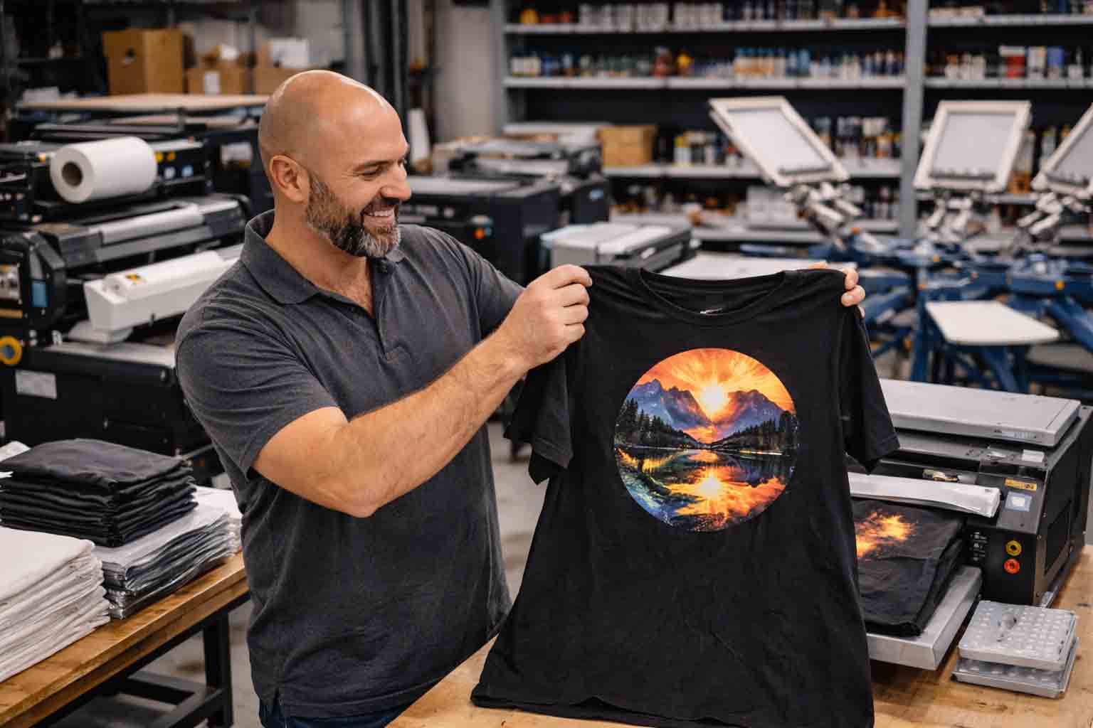 Close-up van T-shirt bedrukken in productie (zeefdruk/transfer)