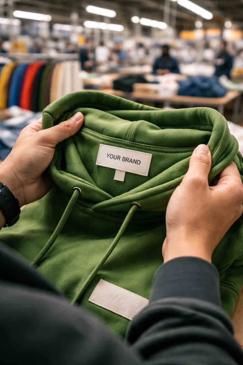 Close-up van handen die hoodie sample met kledinglabel