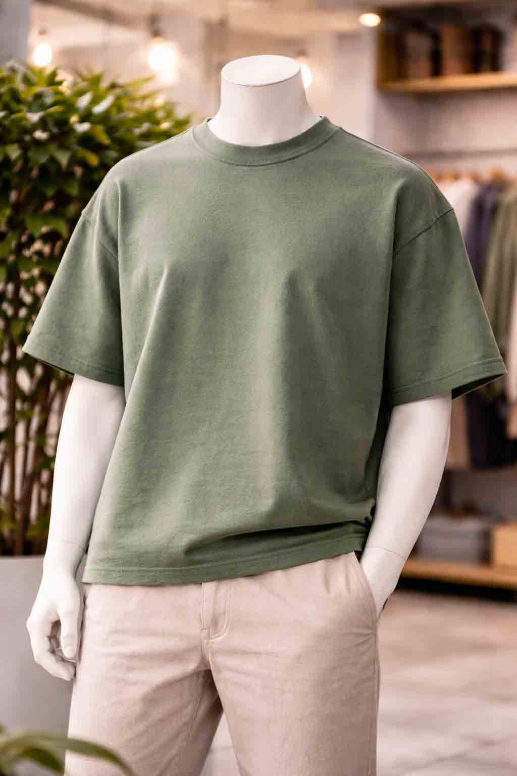 Close-up van boxy fit T-shirt met brede schouders en compact silhouet