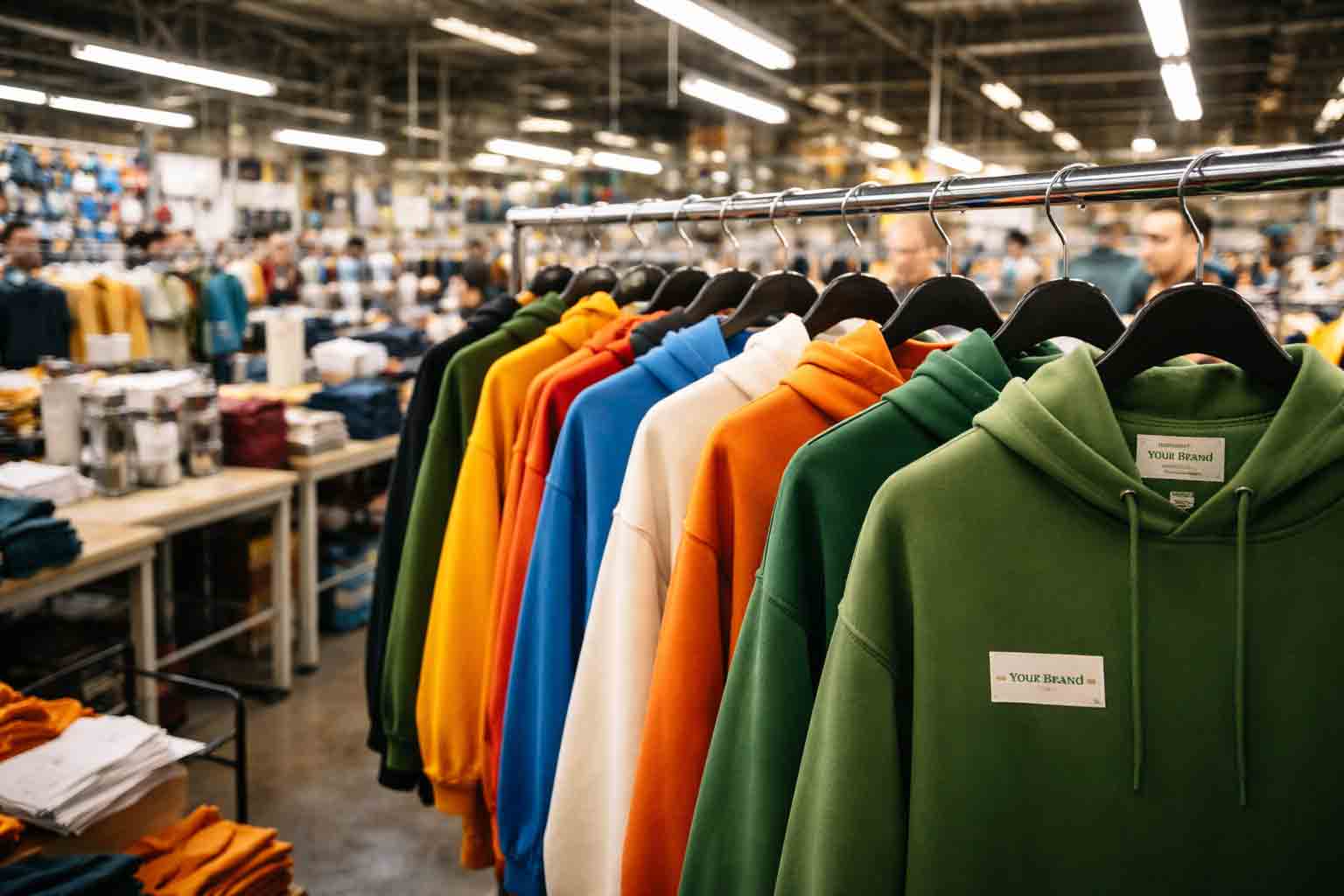 Kleurrijke custom streetwear collectie op tafel in fabriek met stoffen, hoodies en kledingrekken op de achtergrond