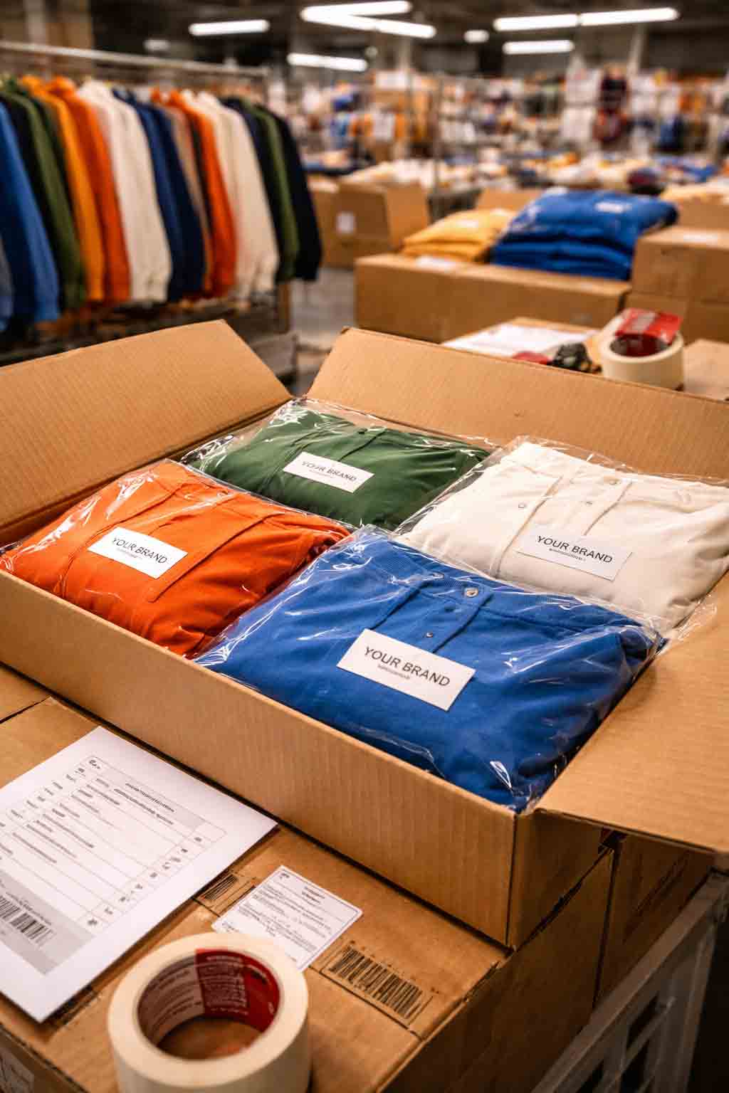 Verpakte custom kleding met kledinglabels in dozen in kledingfabriek klaar voor verzending