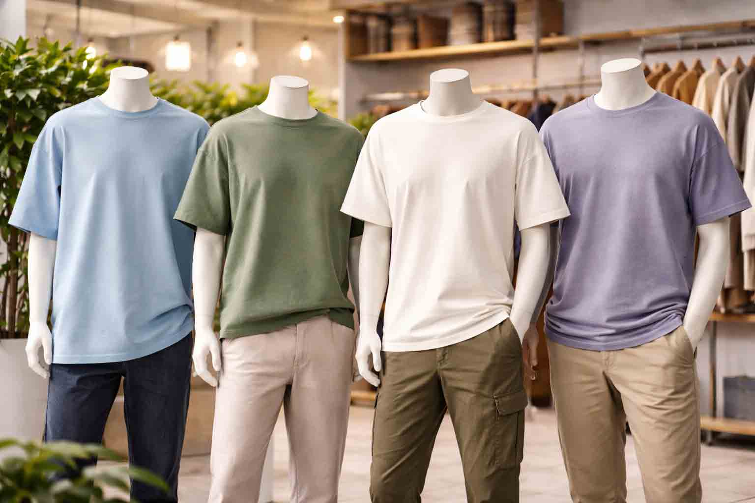 Vier T-shirts met verschillende fits zoals oversized, boxy, regular en relaxed