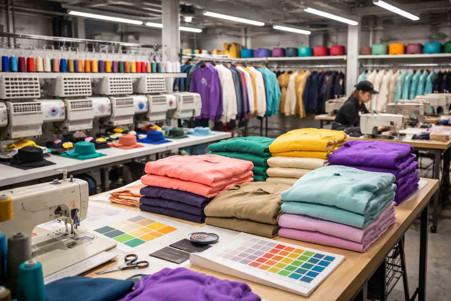 kledingproductie in moderne fabriek met kleurrijke streetwear items