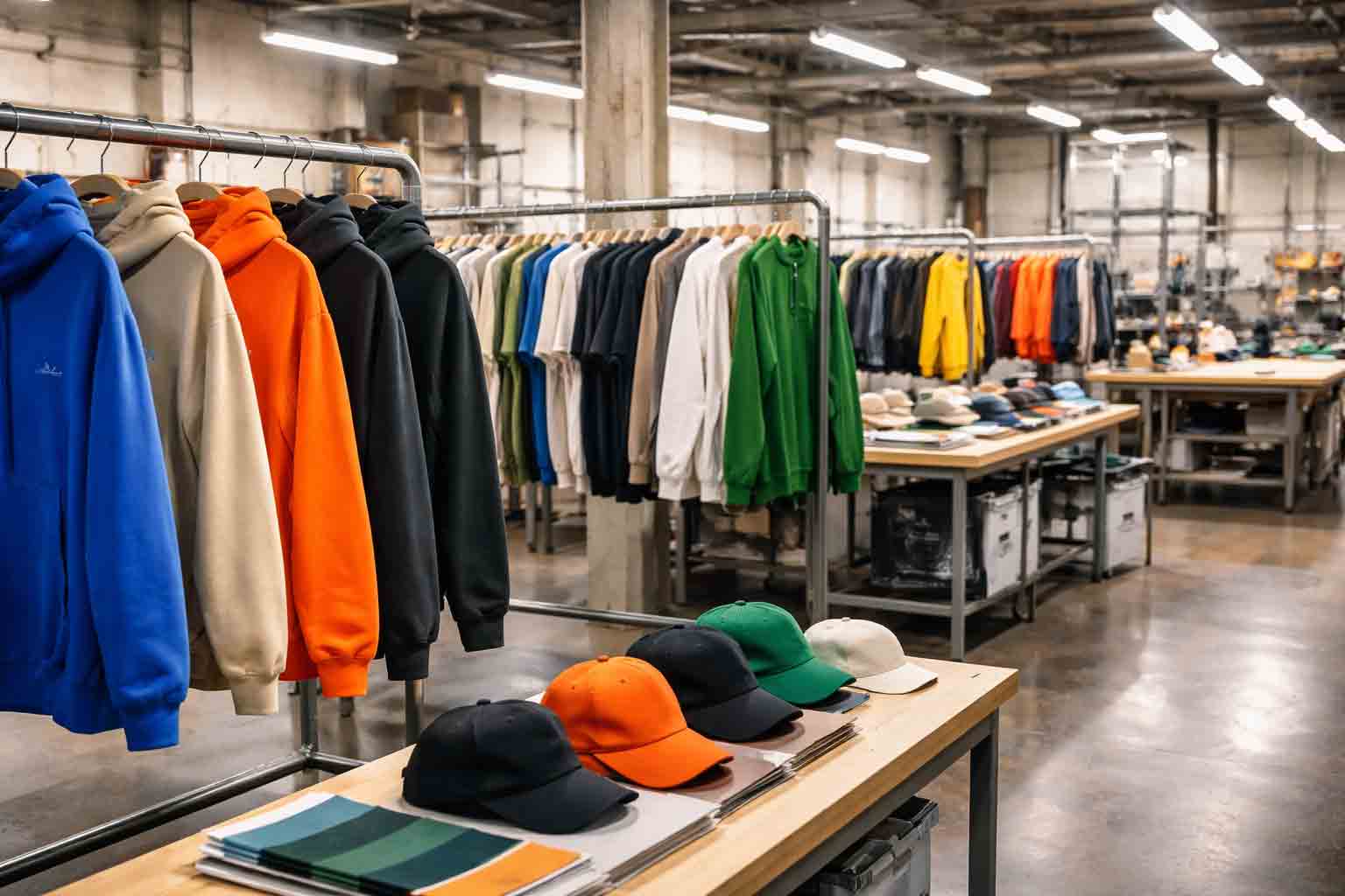 Kleurrijke streetwear kleding aan rekken in industriële showroom met caps en hoodies voor groeiend kledingmerk