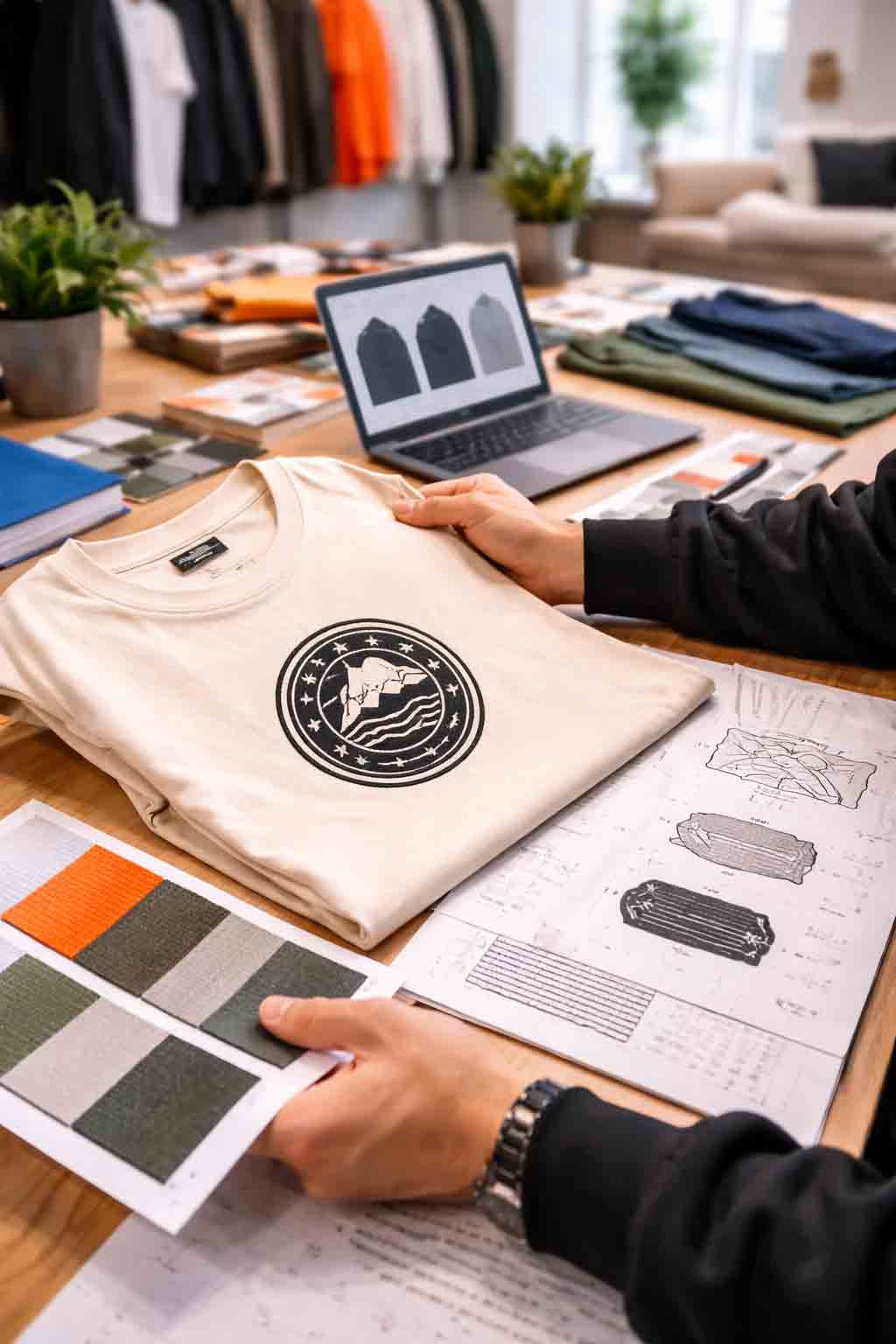 Close-up van streetwear T-shirt met logo tijdens ontwerp proces met stofstalen en laptop in showroom