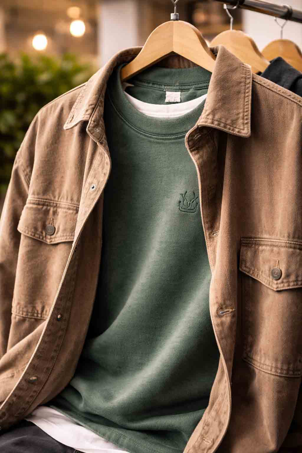 Close-up van gelaagde streetwear outfit met sweater en jacket in stoere kleuren en premium stofstructuur