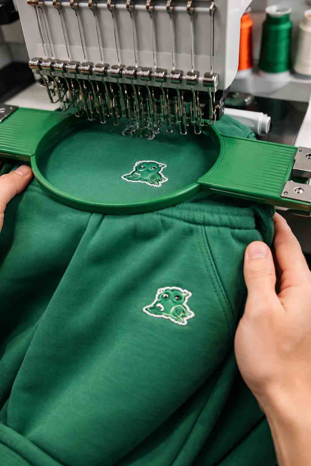 Close-up van borduurmachine die kleurrijke streetwear hoodie met logo produceert