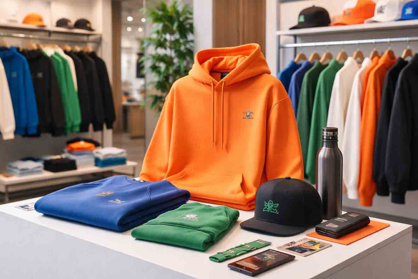 Kleurrijke streetwear merchandise collectie met hoodie, caps en accessoires in moderne showroom setting