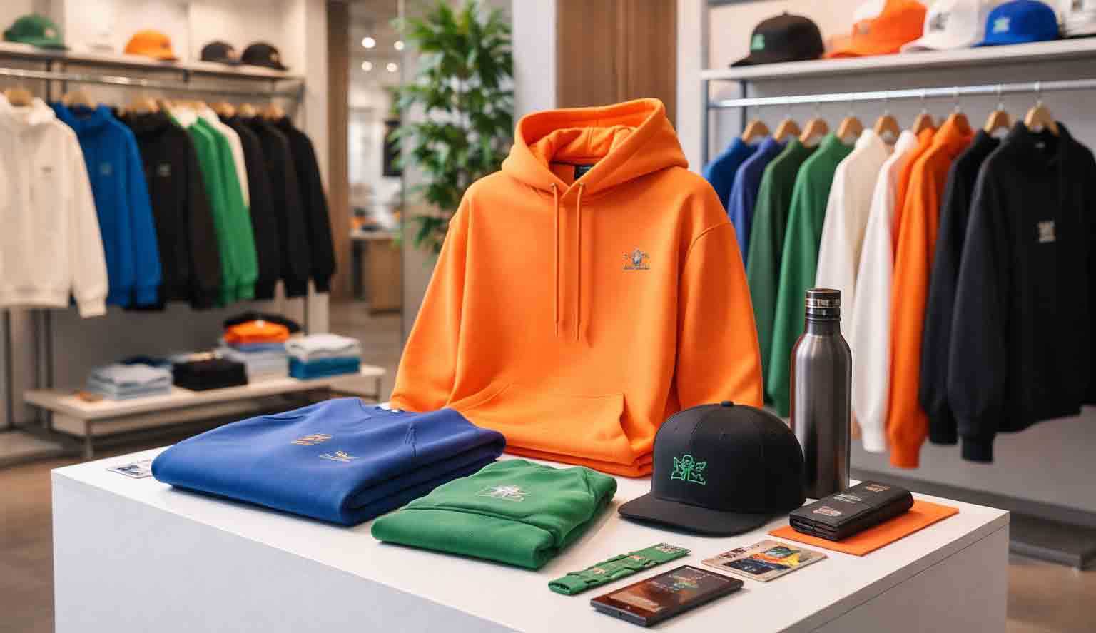 Kleurrijke streetwear merchandise collectie met hoodie, caps en accessoires in moderne showroom setting