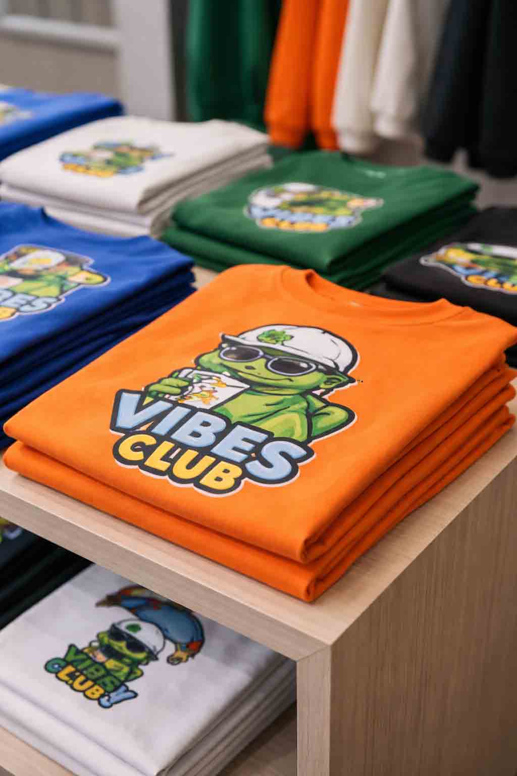 Kleurrijke stapel streetwear T-shirts met opvallende branding in moderne showroom presentatie