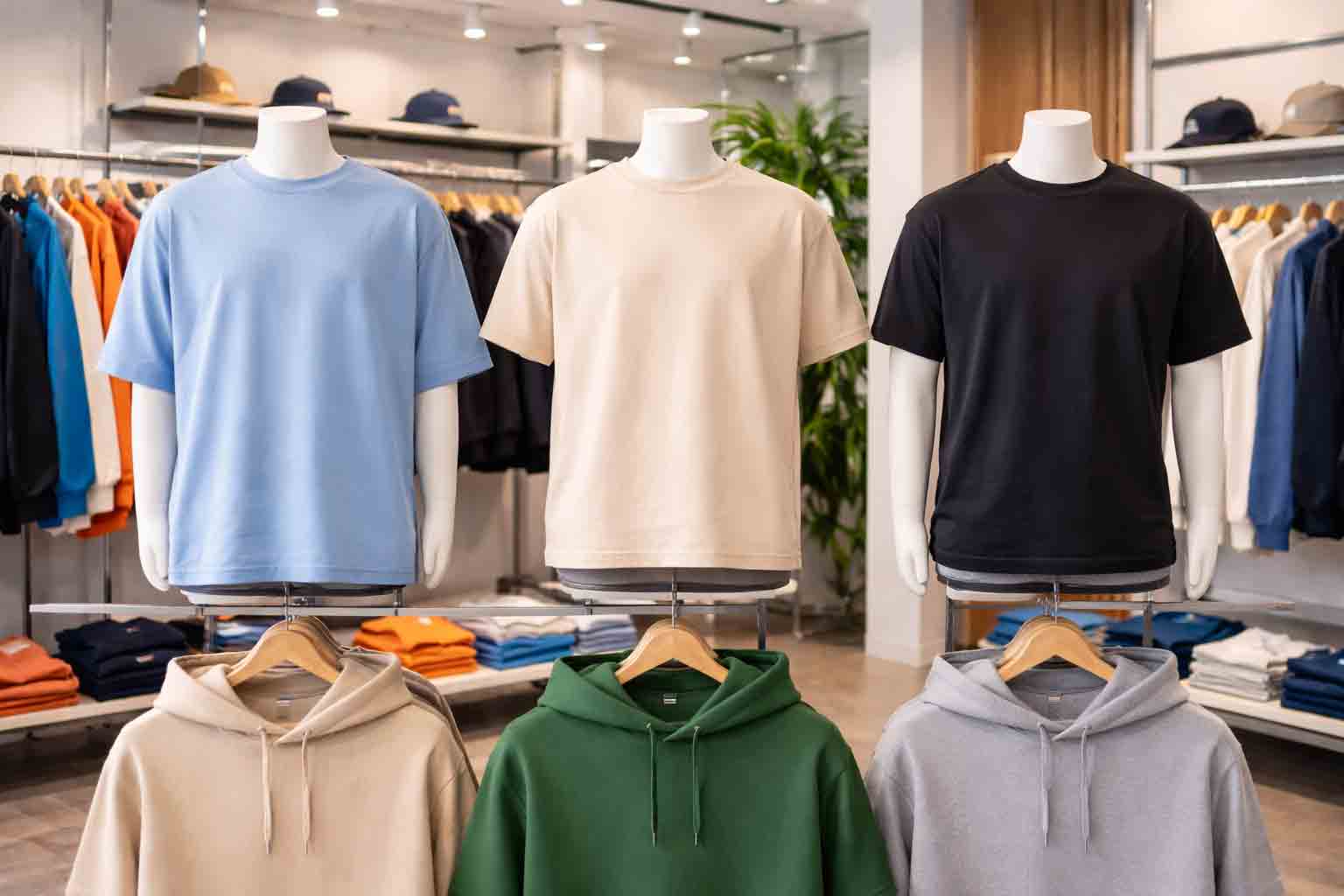 Drie T-shirts op paspoppen die het verschil tonen tussen oversized, boxy en regular fit in moderne showroom zonder branding